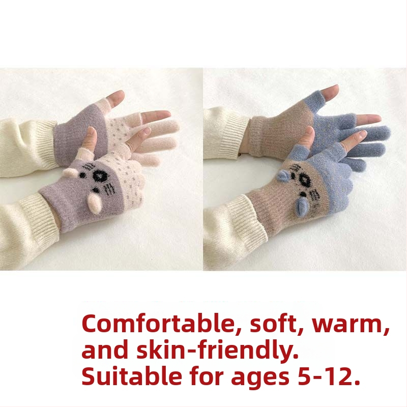 Vaikų pirštinės su veliūrine įdanga, dviejų pirštų dizainas, jautrios skaitmenų ekranams, animacinio stiliaus, rudens-žiemos sezonas
