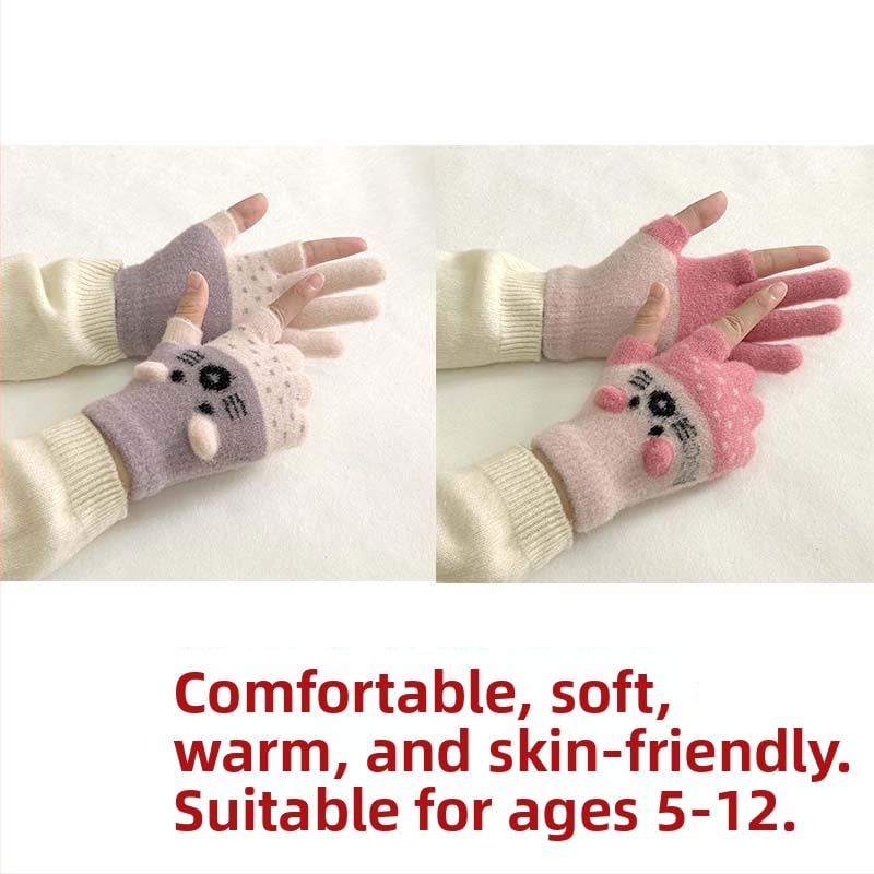 Vaikų pirštinės su veliūrine įdanga, dviejų pirštų dizainas, jautrios skaitmenų ekranams, animacinio stiliaus, rudens-žiemos sezonas