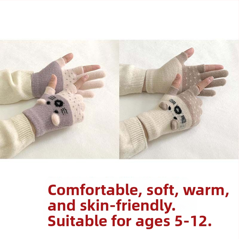 Vaikų pirštinės su veliūrine įdanga, dviejų pirštų dizainas, jautrios skaitmenų ekranams, animacinio stiliaus, rudens-žiemos sezonas