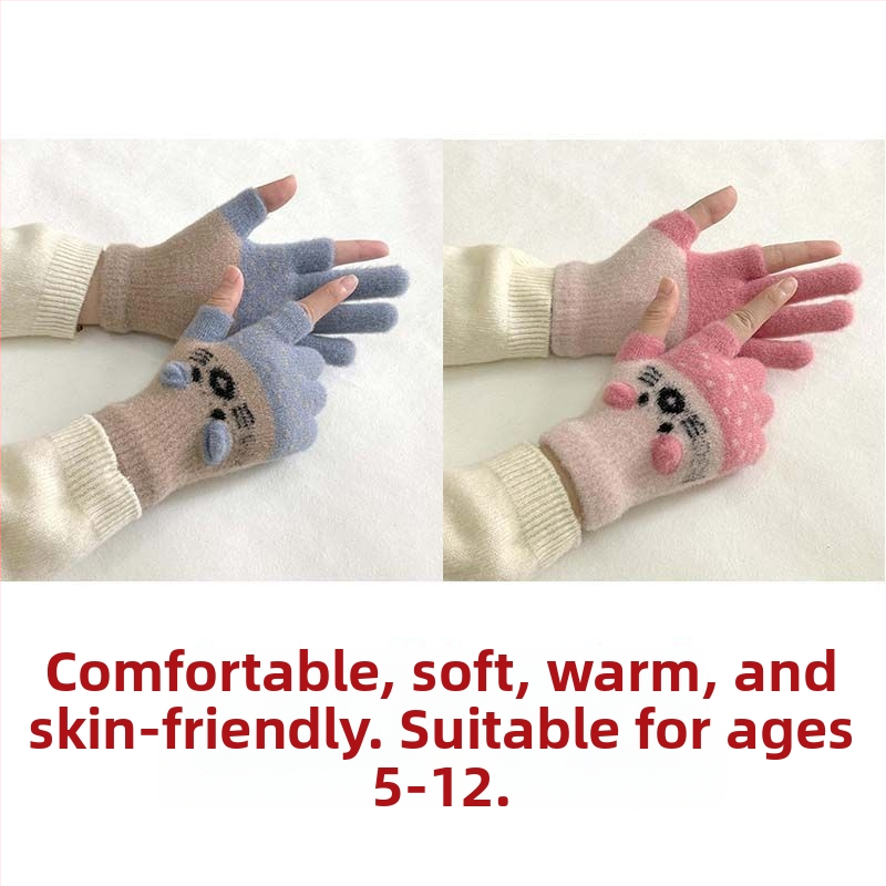 Vaikų pirštinės su veliūrine įdanga, dviejų pirštų dizainas, jautrios skaitmenų ekranams, animacinio stiliaus, rudens-žiemos sezonas