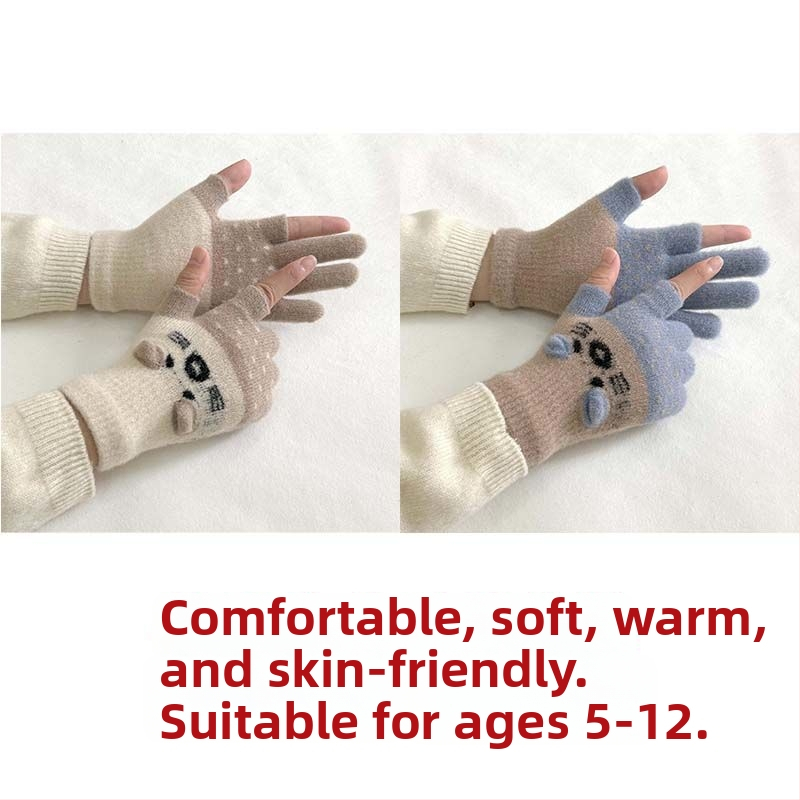 Vaikų pirštinės su veliūrine įdanga, dviejų pirštų dizainas, jautrios skaitmenų ekranams, animacinio stiliaus, rudens-žiemos sezonas