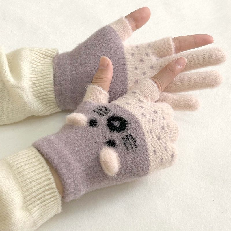 Vaikų pirštinės su veliūrine įdanga, dviejų pirštų dizainas, jautrios skaitmenų ekranams, animacinio stiliaus, rudens-žiemos sezonas