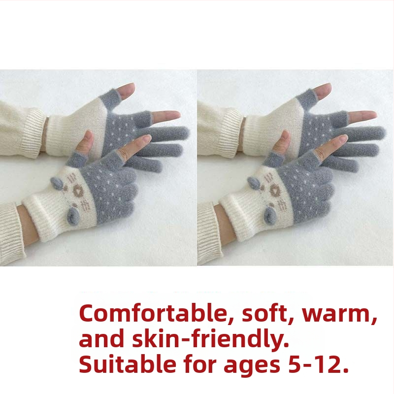 Vaikų pirštinės su veliūrine įdanga, dviejų pirštų dizainas, jautrios skaitmenų ekranams, animacinio stiliaus, rudens-žiemos sezonas