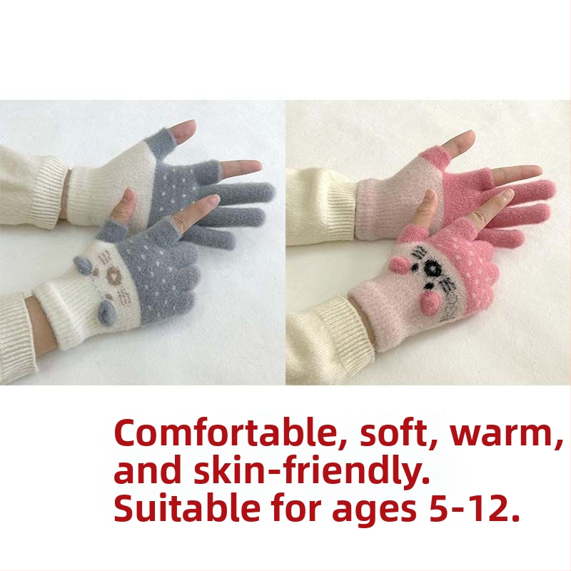 Vaikų pirštinės su veliūrine įdanga, dviejų pirštų dizainas, jautrios skaitmenų ekranams, animacinio stiliaus, rudens-žiemos sezonas