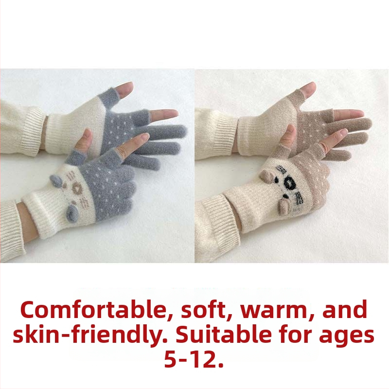 Vaikų pirštinės su veliūrine įdanga, dviejų pirštų dizainas, jautrios skaitmenų ekranams, animacinio stiliaus, rudens-žiemos sezonas