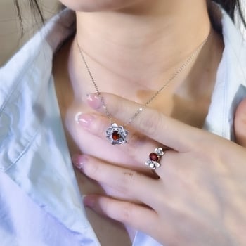 Set de bijuterii pentru femei: colier din argint 925 cu pietre naturale de cristal, formă de floare, design multistrat, lanț încrucișat, granat și topaz