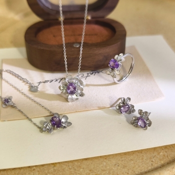 Set de bijuterii pentru femei: colier din argint 925 cu pietre naturale de cristal, formă de floare, design multistrat, lanț încrucișat, granat și topaz