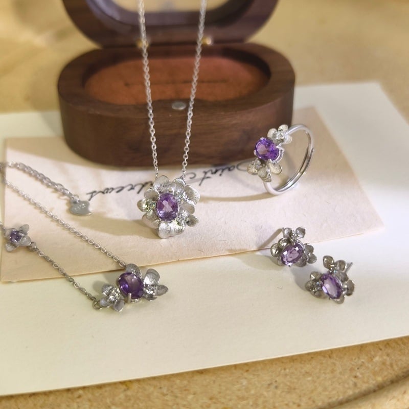 Set de bijuterii pentru femei: colier din argint 925 cu pietre naturale de cristal, formă de floare, design multistrat, lanț încrucișat, granat și topaz