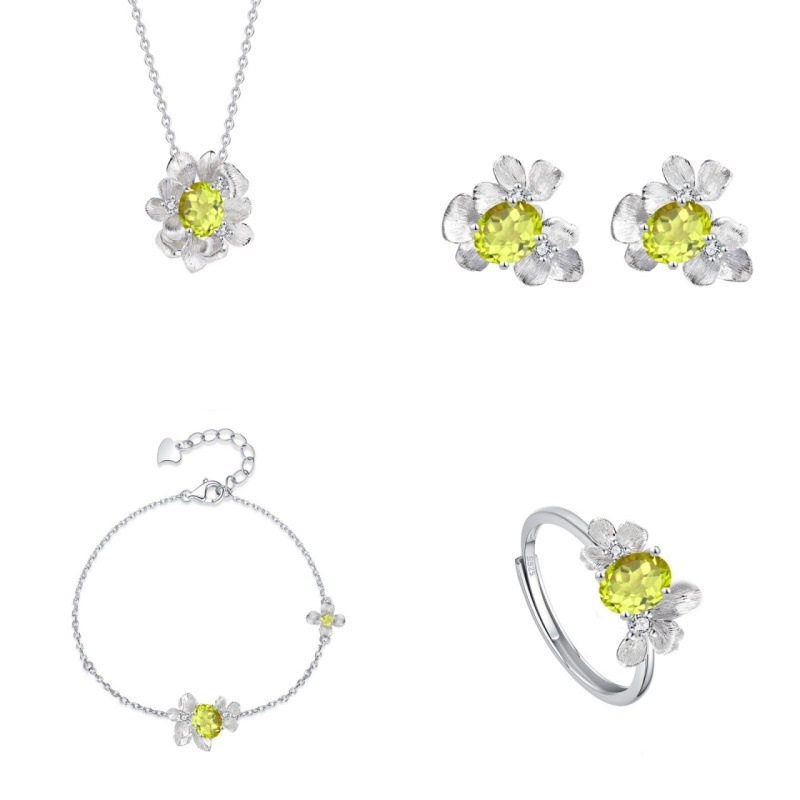 Set de bijuterii pentru femei: colier din argint 925 cu pietre naturale de cristal, formă de floare, design multistrat, lanț încrucișat, granat și topaz