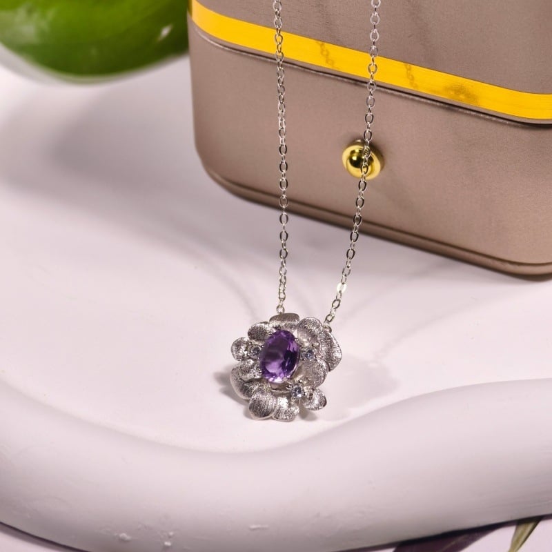 Set de bijuterii pentru femei: colier din argint 925 cu pietre naturale de cristal, formă de floare, design multistrat, lanț încrucișat, granat și topaz