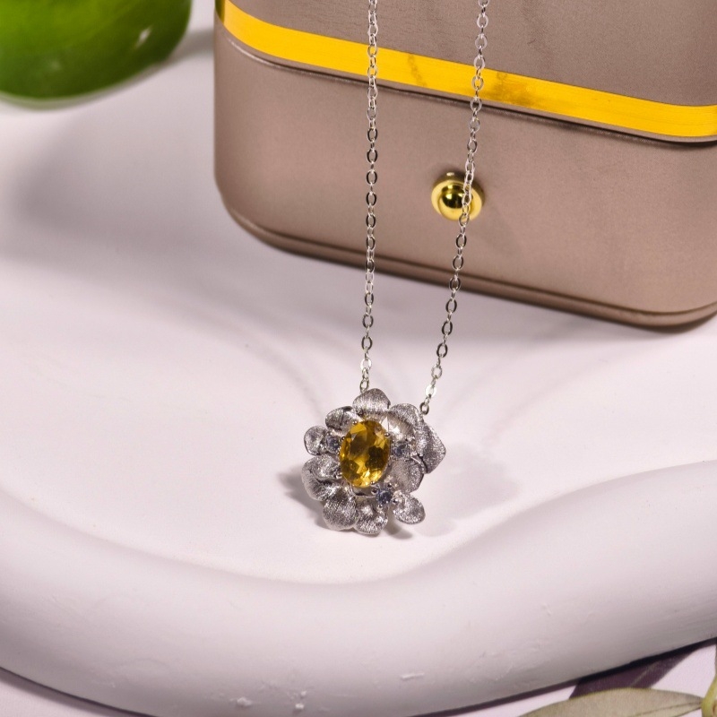 Set de bijuterii pentru femei: colier din argint 925 cu pietre naturale de cristal, formă de floare, design multistrat, lanț încrucișat, granat și topaz