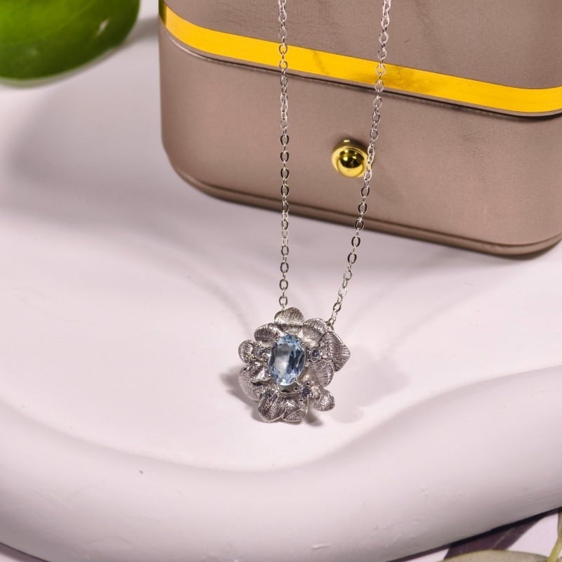 Set de bijuterii pentru femei: colier din argint 925 cu pietre naturale de cristal, formă de floare, design multistrat, lanț încrucișat, granat și topaz