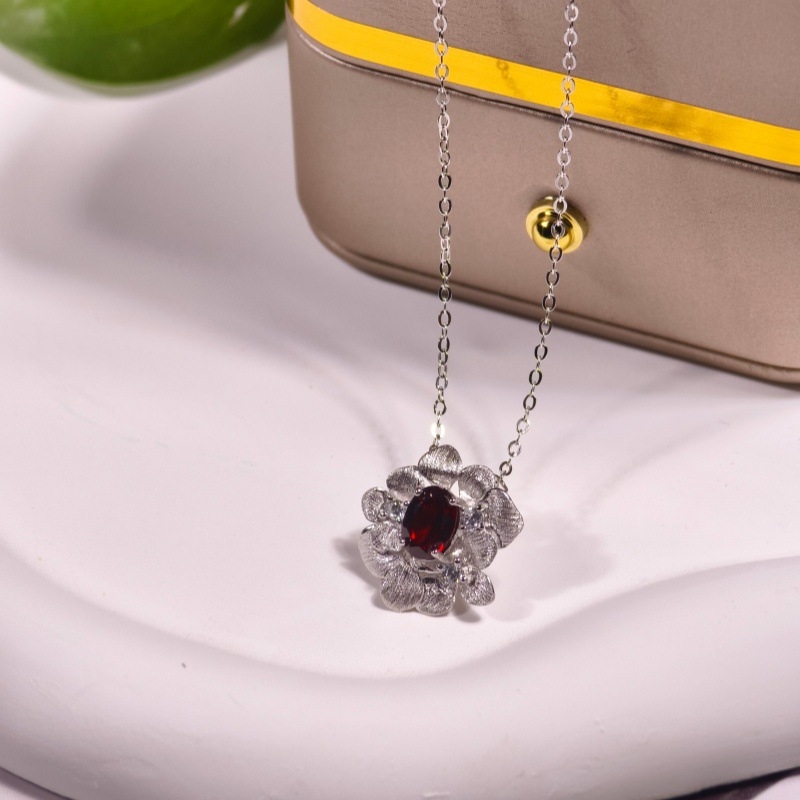 Set de bijuterii pentru femei: colier din argint 925 cu pietre naturale de cristal, formă de floare, design multistrat, lanț încrucișat, granat și topaz