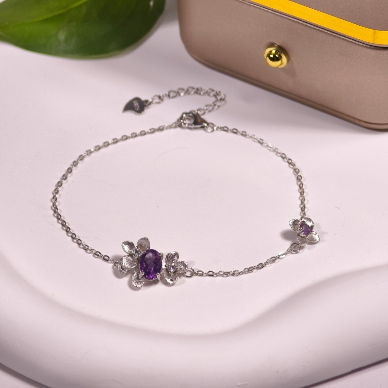 Set de bijuterii pentru femei: colier din argint 925 cu pietre naturale de cristal, formă de floare, design multistrat, lanț încrucișat, granat și topaz