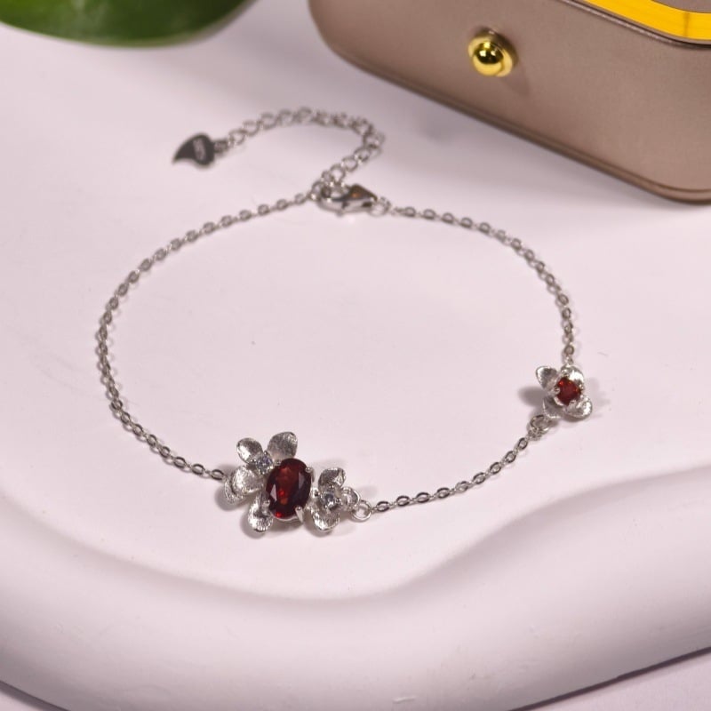 Set de bijuterii pentru femei: colier din argint 925 cu pietre naturale de cristal, formă de floare, design multistrat, lanț încrucișat, granat și topaz