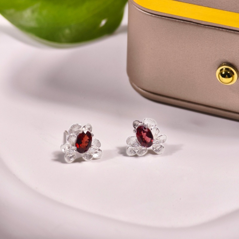 Set de bijuterii pentru femei: colier din argint 925 cu pietre naturale de cristal, formă de floare, design multistrat, lanț încrucișat, granat și topaz