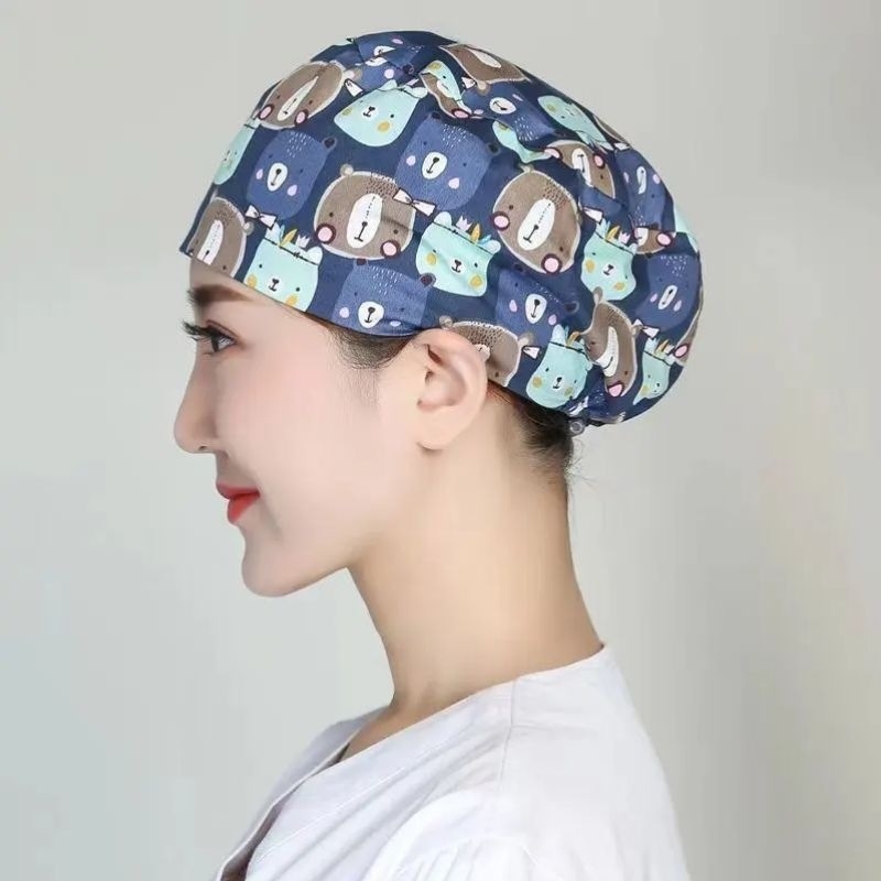 Unisex kirurška kapa od pamuka, ravni vrh, kružni dizajn, tiskano logotip, minimalistički klinički stil