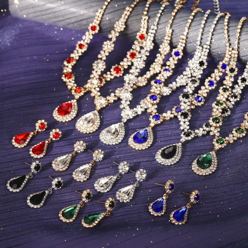 Σετ κοσμημάτων για γάμο από ζιρκόν, σκουλαρίκια και κολιέ, Ο-αλυσίδα, κρεμαστά σε σχήματα καρδιάς, δάκρυου και καμπάνας