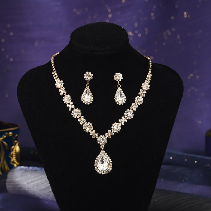 Σετ κοσμημάτων για γάμο από ζιρκόν, σκουλαρίκια και κολιέ, Ο-αλυσίδα, κρεμαστά σε σχήματα καρδιάς, δάκρυου και καμπάνας