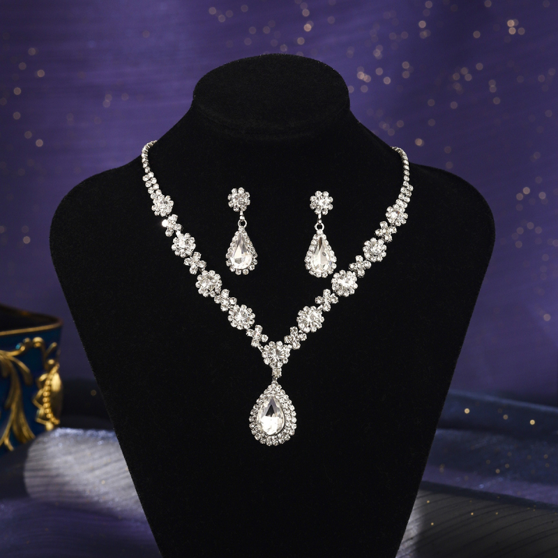 Σετ κοσμημάτων για γάμο από ζιρκόν, σκουλαρίκια και κολιέ, Ο-αλυσίδα, κρεμαστά σε σχήματα καρδιάς, δάκρυου και καμπάνας