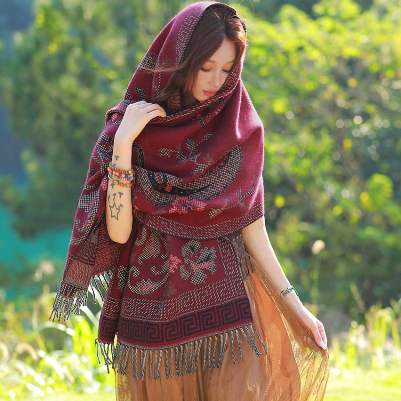 Ženski zimski šal od umjetnog kašmira, etnički stil Yunnan, retro dizajn s resicama, jacquard