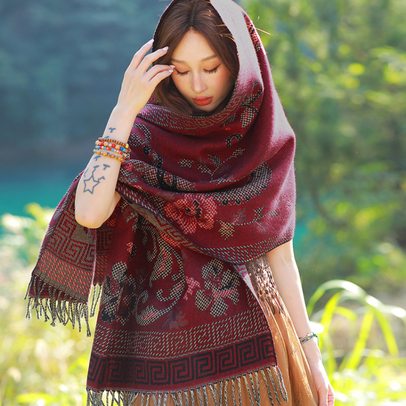 Ženski zimski šal od umjetnog kašmira, etnički stil Yunnan, retro dizajn s resicama, jacquard