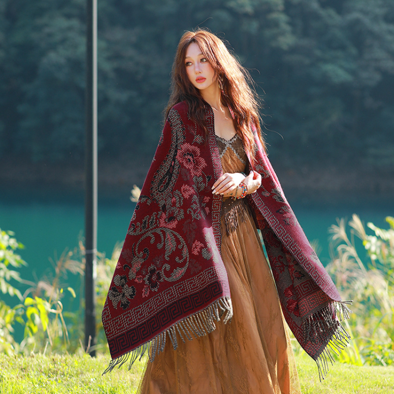 Ženski zimski šal od umjetnog kašmira, etnički stil Yunnan, retro dizajn s resicama, jacquard