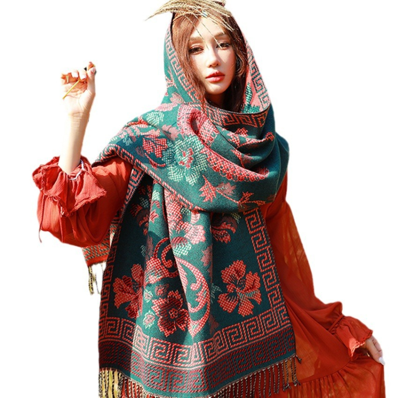 Ženski zimski šal od umjetnog kašmira, etnički stil Yunnan, retro dizajn s resicama, jacquard