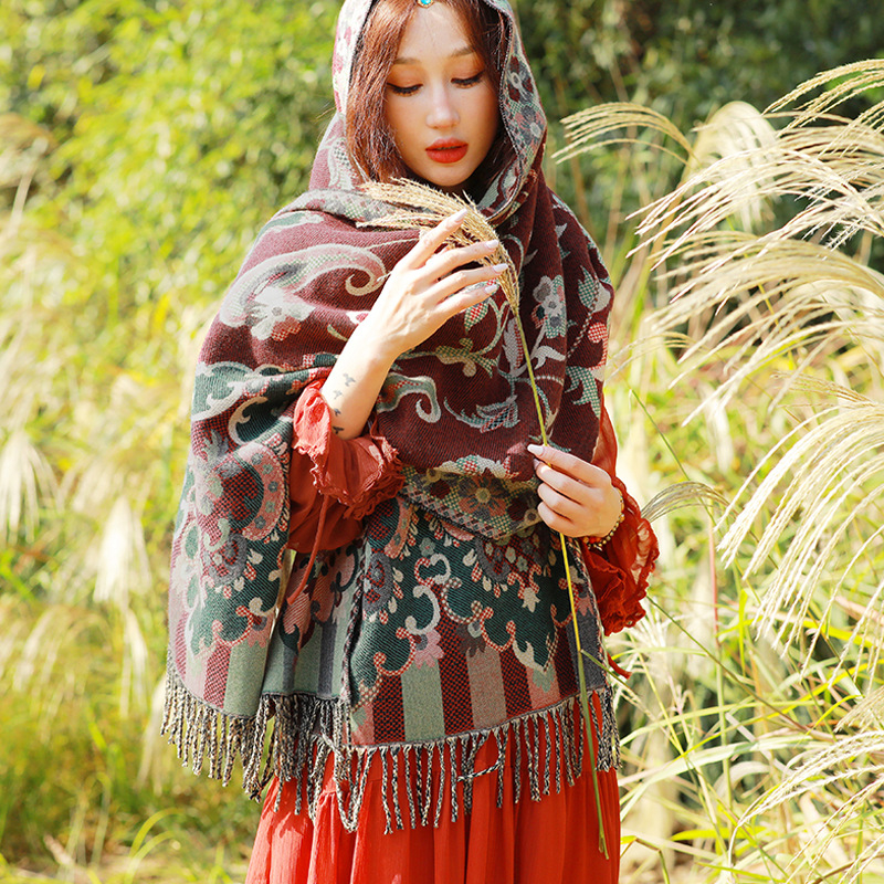Ženski zimski šal od umjetnog kašmira, etnički stil Yunnan, retro dizajn s resicama, jacquard