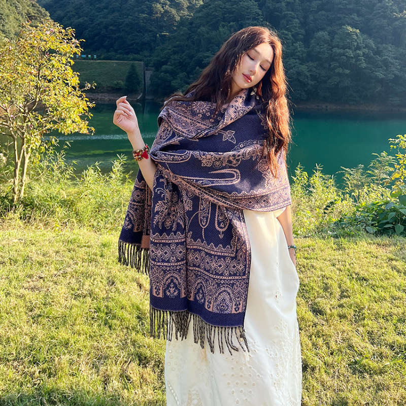 Ženski zimski šal od umjetnog kašmira, etnički stil Yunnan, retro dizajn s resicama, jacquard
