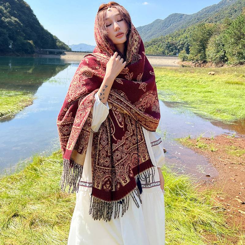 Ženski zimski šal od umjetnog kašmira, etnički stil Yunnan, retro dizajn s resicama, jacquard