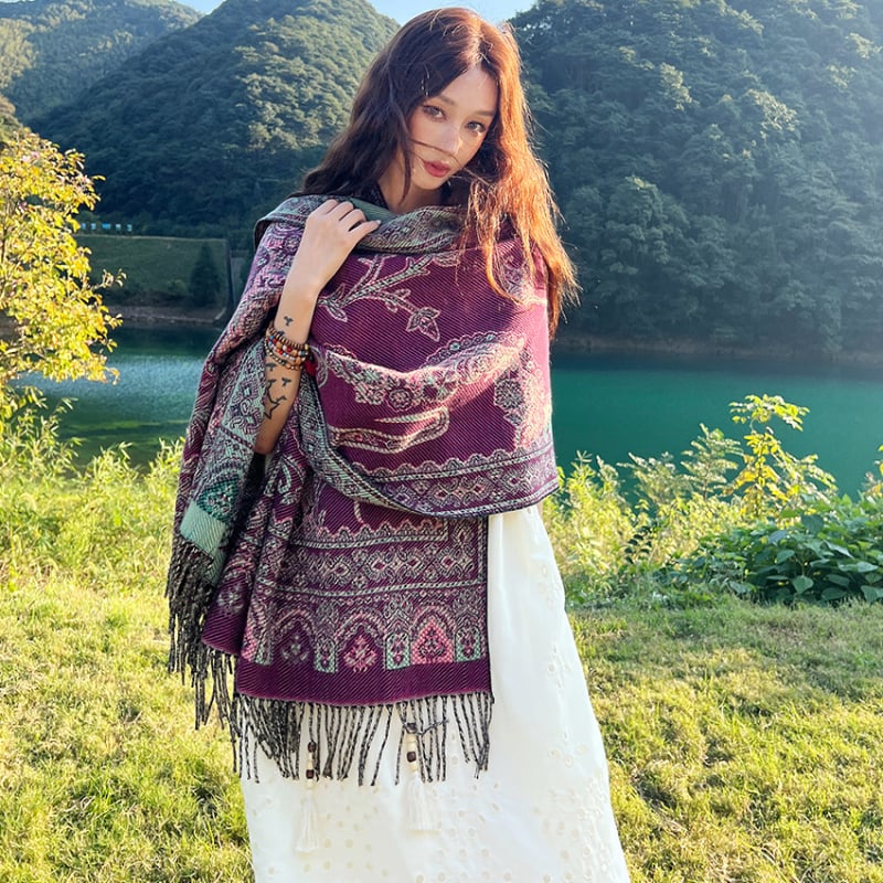 Ženski zimski šal od umjetnog kašmira, etnički stil Yunnan, retro dizajn s resicama, jacquard