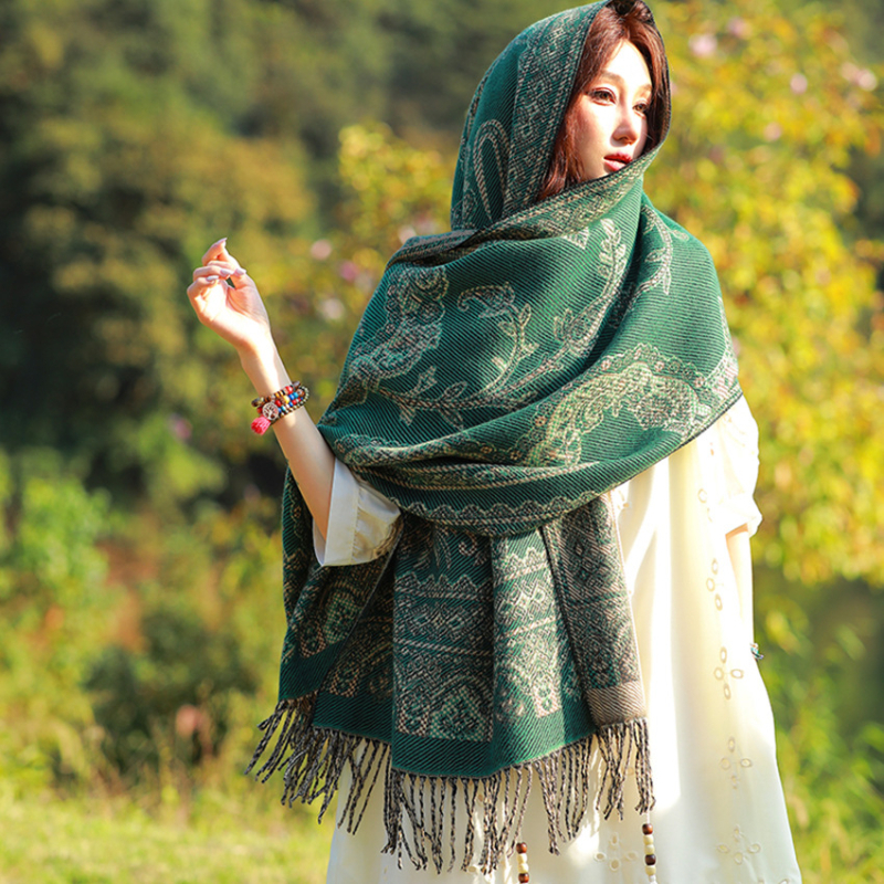 Ženski zimski šal od umjetnog kašmira, etnički stil Yunnan, retro dizajn s resicama, jacquard