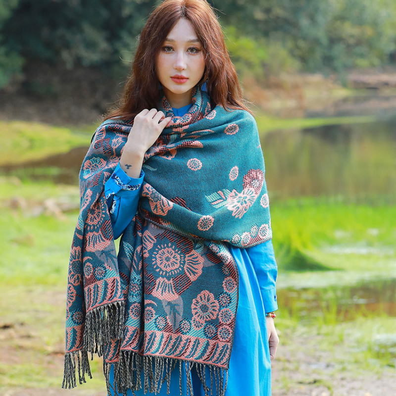 Ženski zimski šal od umjetnog kašmira, etnički stil Yunnan, retro dizajn s resicama, jacquard
