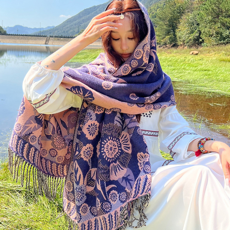 Ženski zimski šal od umjetnog kašmira, etnički stil Yunnan, retro dizajn s resicama, jacquard