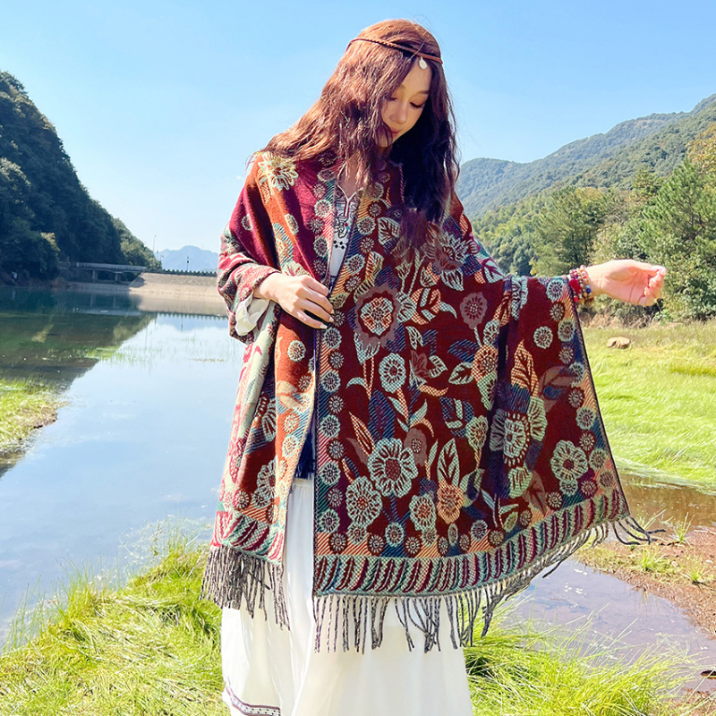 Ženski zimski šal od umjetnog kašmira, etnički stil Yunnan, retro dizajn s resicama, jacquard