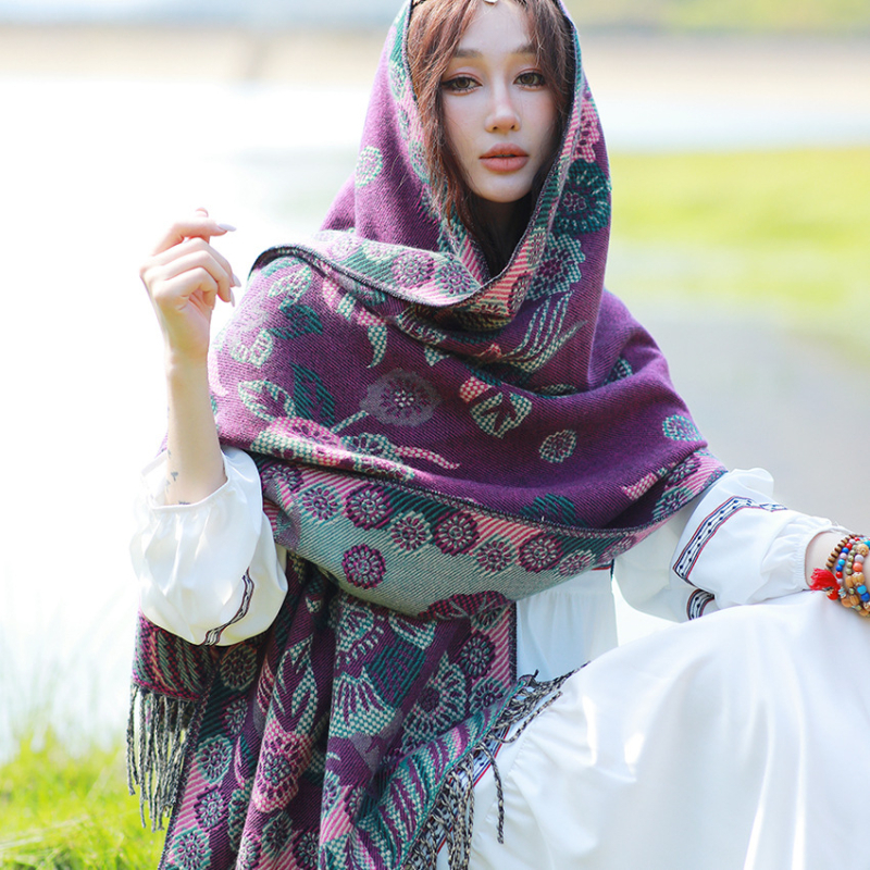 Ženski zimski šal od umjetnog kašmira, etnički stil Yunnan, retro dizajn s resicama, jacquard
