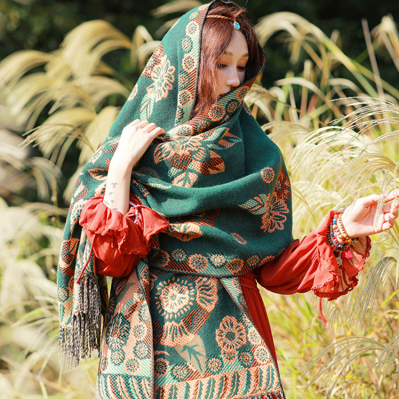 Ženski zimski šal od umjetnog kašmira, etnički stil Yunnan, retro dizajn s resicama, jacquard