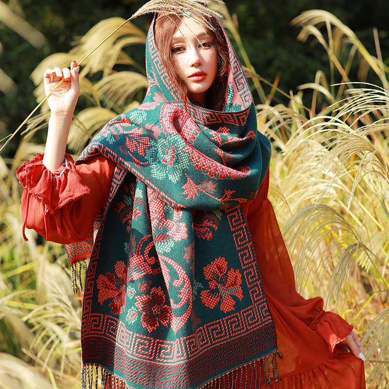 Ženski zimski šal od umjetnog kašmira, etnički stil Yunnan, retro dizajn s resicama, jacquard