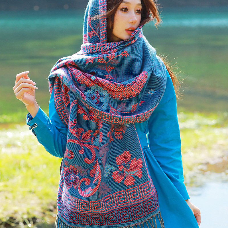 Ženski zimski šal od umjetnog kašmira, etnički stil Yunnan, retro dizajn s resicama, jacquard