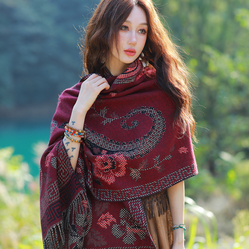 Ženski zimski šal od umjetnog kašmira, etnički stil Yunnan, retro dizajn s resicama, jacquard