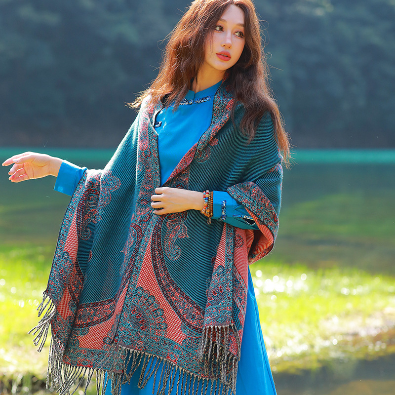 Ženski zimski šal od umjetnog kašmira, etnički stil Yunnan, retro dizajn s resicama, jacquard