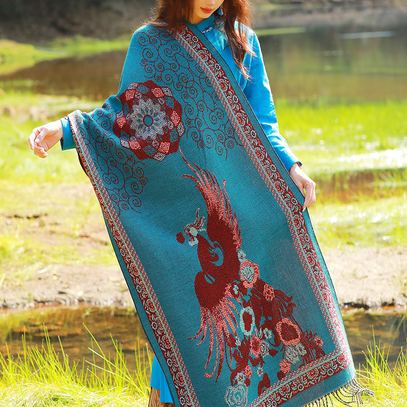 Ženski zimski šal od umjetnog kašmira, etnički stil Yunnan, retro dizajn s resicama, jacquard