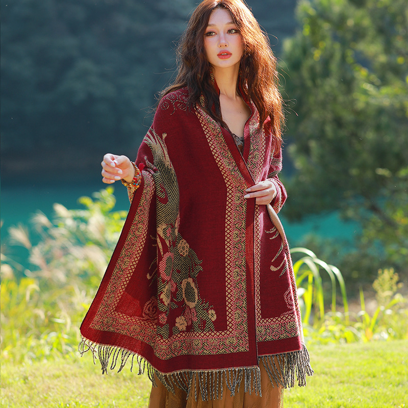 Ženski zimski šal od umjetnog kašmira, etnički stil Yunnan, retro dizajn s resicama, jacquard