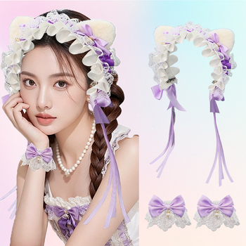 Mežģīņu galvas lente ar kaķu ausīm, loku un zvaniņu, rētainais raksts, viļņots siluets — karikatūras stils, sievietēm