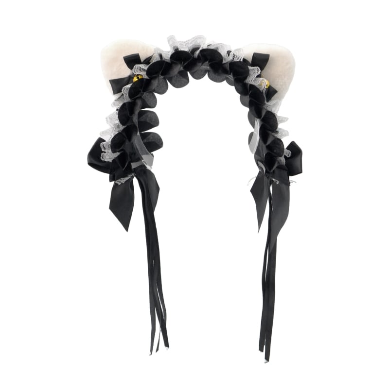 Mežģīņu galvas lente ar kaķu ausīm, loku un zvaniņu, rētainais raksts, viļņots siluets — karikatūras stils, sievietēm