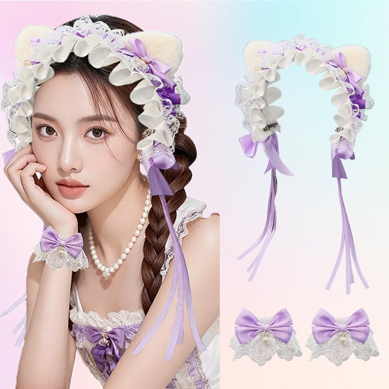 Mežģīņu galvas lente ar kaķu ausīm, loku un zvaniņu, rētainais raksts, viļņots siluets — karikatūras stils, sievietēm