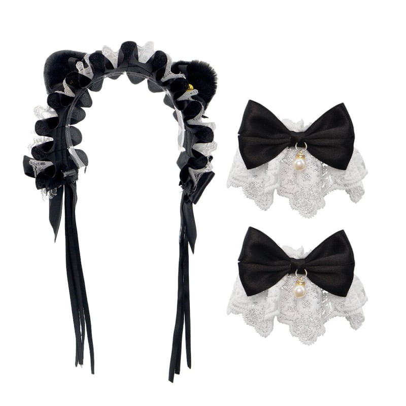 Mežģīņu galvas lente ar kaķu ausīm, loku un zvaniņu, rētainais raksts, viļņots siluets — karikatūras stils, sievietēm