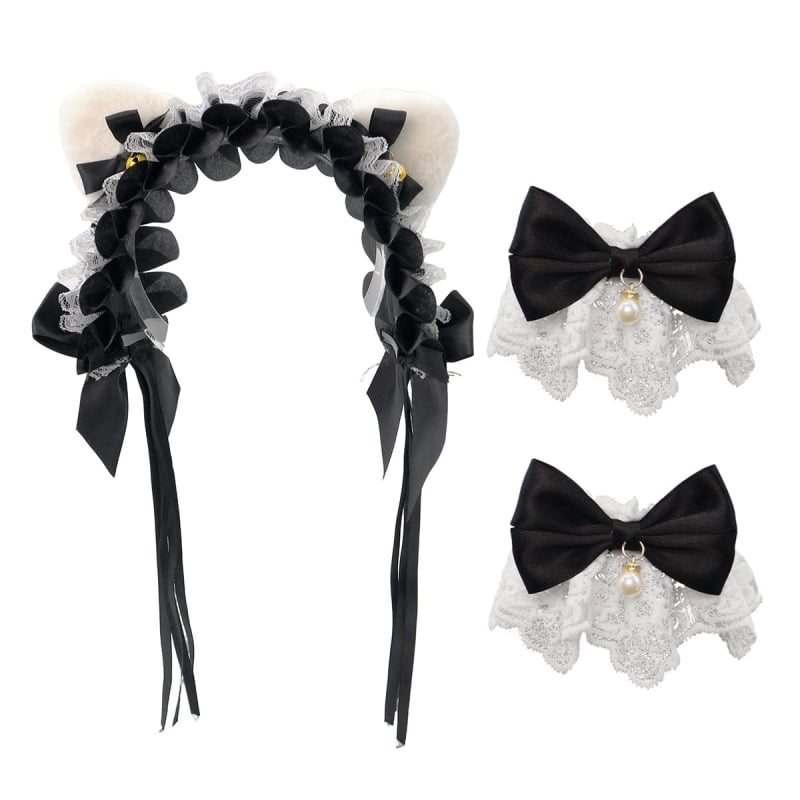 Mežģīņu galvas lente ar kaķu ausīm, loku un zvaniņu, rētainais raksts, viļņots siluets — karikatūras stils, sievietēm