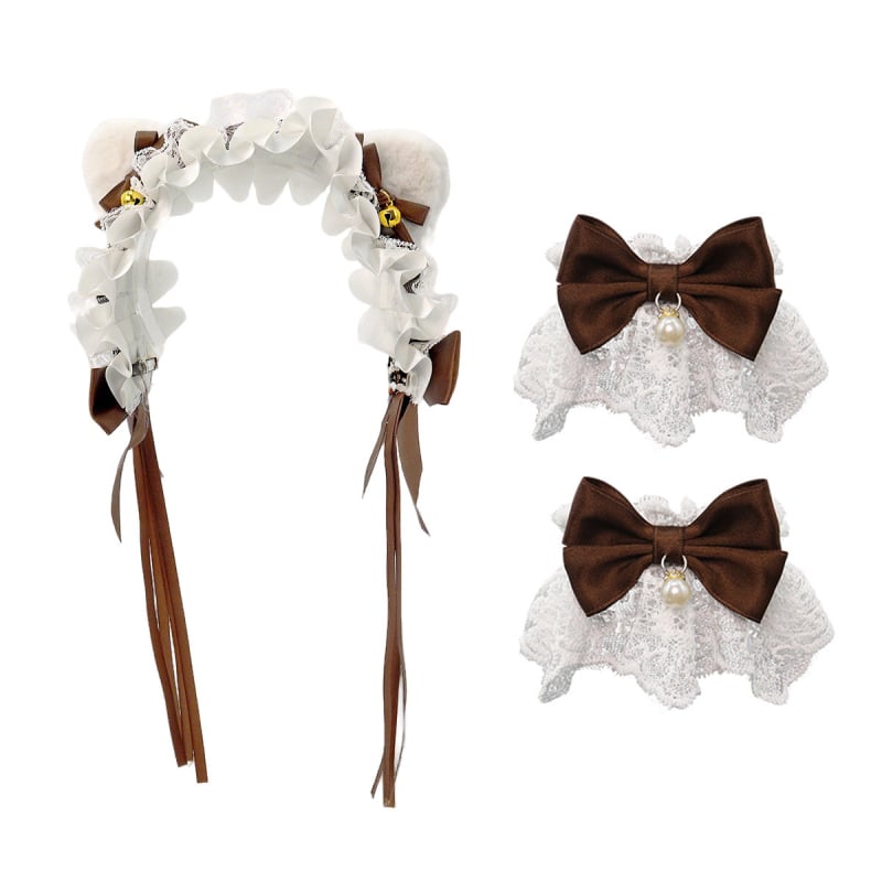 Mežģīņu galvas lente ar kaķu ausīm, loku un zvaniņu, rētainais raksts, viļņots siluets — karikatūras stils, sievietēm